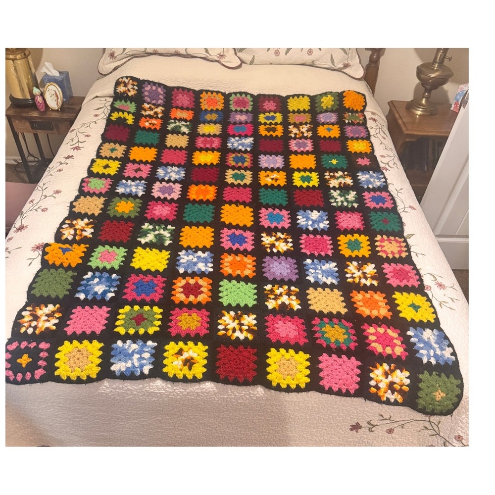 Vintage Handmade Black Granny Square Crochet Blanket Multi-Color Boho Afghan